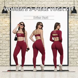 Ensemble de sport 3 pièces pour femme : soutien-gorge de sport sexy, pantalon long taille haute et haut à manches longues – Ensemble de yoga et fitness extensible dans les quatre sens - Product Image 2