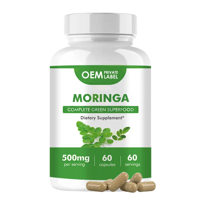 Cápsulas de Moringa orgânicas de marca própria OEM Suplemento 500 mg Extrato de Folha de Moringa Comprimidos de Potência para Suporte Energético Imunológico