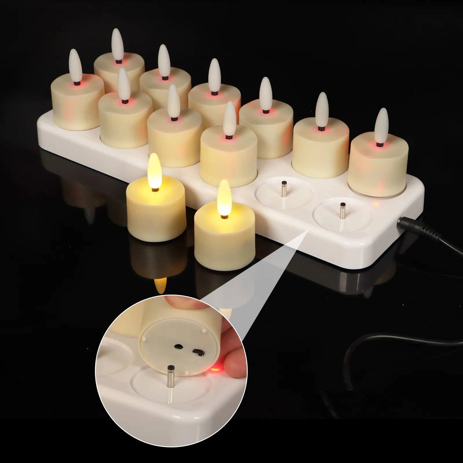 홈 장식 3D 12 팩 실제 불꽃 배터리 작동 Led 촛불 원격 타이머, 불꽃 양초 충전식 배터리