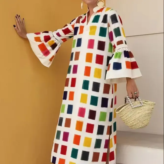 Summer New Arrival Fashion Casual Personality Color Matching Rainbow Dress Puff Sleeve Elegant Street Dress Women Clothing