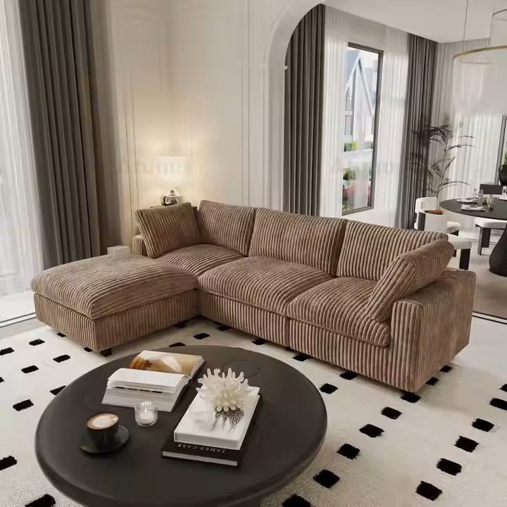 Italian Luxury L-Shaped Modular Sofa – Brown Plush Corduroy Sectional Couch for Living Room - View 3