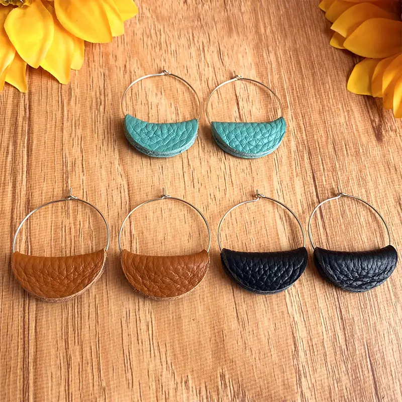 Factory Price Western Style Hyperbole Handmade Simple Geometric Genuine Leather Hook Earrings for Women 2021