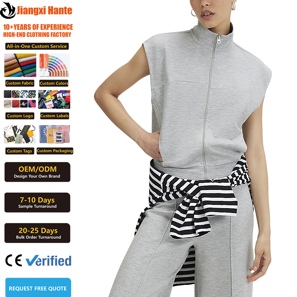 High Quality Summer Sleeveless Zip Through High Neck Top Custom Printing Fashion Casual Yoga Jersey Sports Tank Top for Women