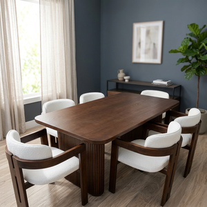 Ensemble de table à manger en teck indonésien moderne avec chaises rembourrées blanches, design de dossier solide, meubles durables pour la maison - Product Image 2