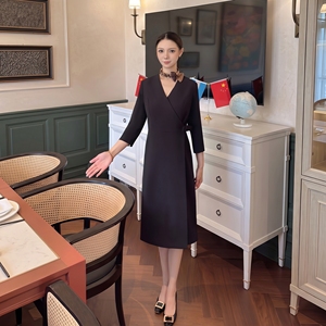 Conjunto de Traje para <span class=keywords><strong>Mujer</strong></span>, Vestido Cruzado Negro con Cuello en V, Manga 3/4, Transpirable, 100% Poliéster, Formal, Profesional, para Personal de Oficina - Product Image 4