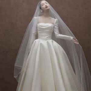 Satin Wedding Dress Square Collar Long Sleeve Ball Gown Princess Waistline Vintage Style <b>Floor</b> Length - Product Image 2