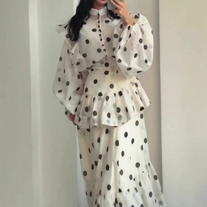 Robe élégante pour femme, style vintage, col montant, manches bouffantes, coupe trapèze, à pois, prix compétitif - Product Image 2