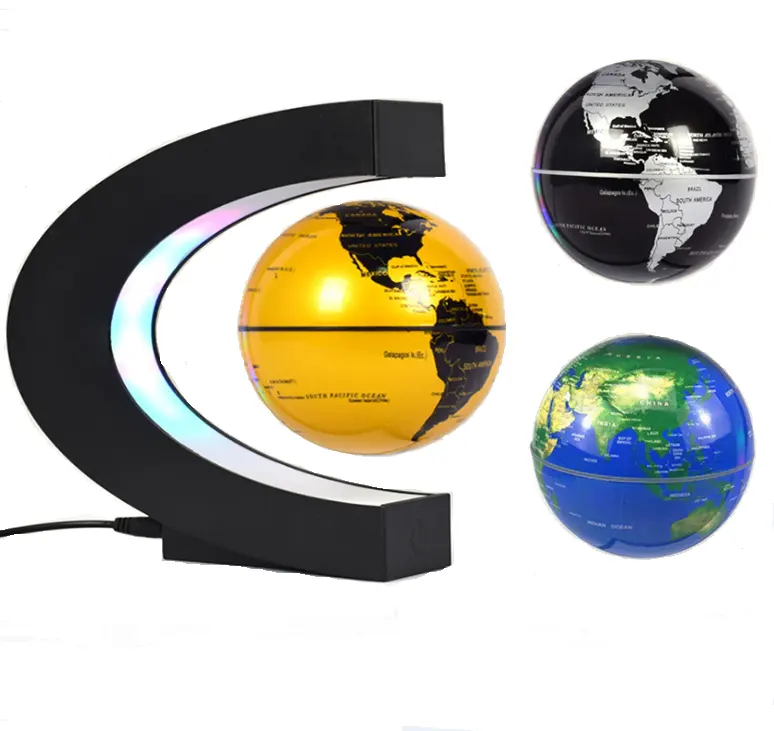 Globo de levitación magnético giratorio, mundo flotante en forma de C, mapa del mundo led
