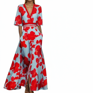 Nouvelle robe maxi élégante à col en V, imprimée, avec ceinture et évasée - Product Image 1