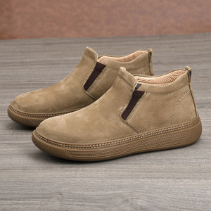 Chelsea Boots Men Genuine Leather <b>Round</b> Toe Slip On Ankle Height Plush Lining Rubber Outsole <b>Cushioned</b> Spring Casual Shoes - Product Image 2