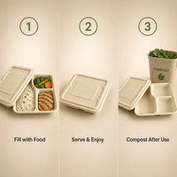 Assiette carrée jetable écologique à 3 compartiments en pulpe de bagasse, 100 % compostable, résistante à l'huile, avec couvercle, pour plats à emporter