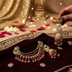 Bridal Ethnic Chandelier Drop Earrings Claw Setting Pearl Chain Matching Maang Tikka Alloy Gold Plated Vintage Traditional - Product Image 3