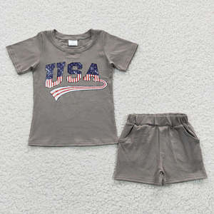 Ensemble de vêtements patriotiques pour frères et sœurs, en soie de lait grise, avec imprimé lettres USA, pour garçons en bas âge, Jour de l'Indépendance du 4 juillet - Product Image 6