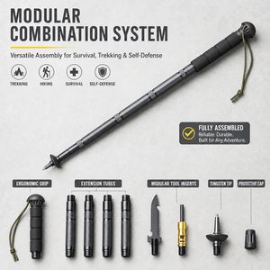 Bâton de marche modulaire d'extérieur, bâton de survie et de trekking avec insert couteau-fourchette, pointe en tungstène, poignée ergonomique - Product Image 3