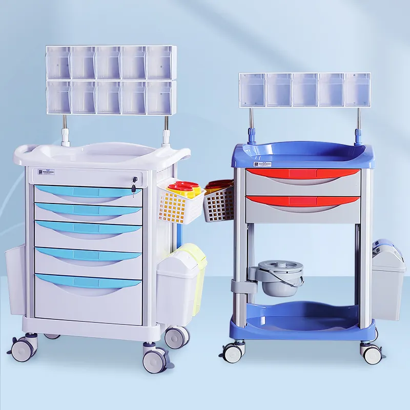 Hôpital ABS professionnel de haute qualité trois couleurs différentes urgence médicale cinq/dix boîte transparente chariot d'anesthésie