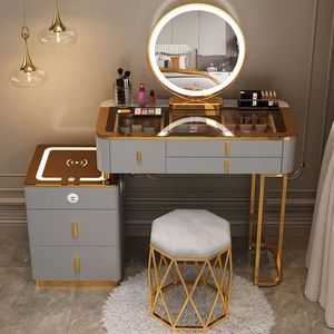 Modern Makeup <b>Vanity</b> Dresser Set LED <b>Mirror</b> Wireless Charging White Gold Accents Bedroom Furniture Living Room Solid Wood - Product Image 6