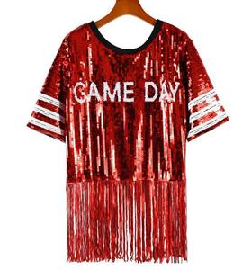 Women's New Round Neck Short-sleeved Sequin Sexy Black and Gold Game Day Sequin Jersey T-shirt Jumper <strong>Top</strong> with Tassel Dress - Product Image 6