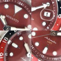 Montre mécanique automatique GMT pour hommes, lunette rouge et noire, cadran bordeaux, bracelet en acier inoxydable, étanche 10ATM, montre de plongée