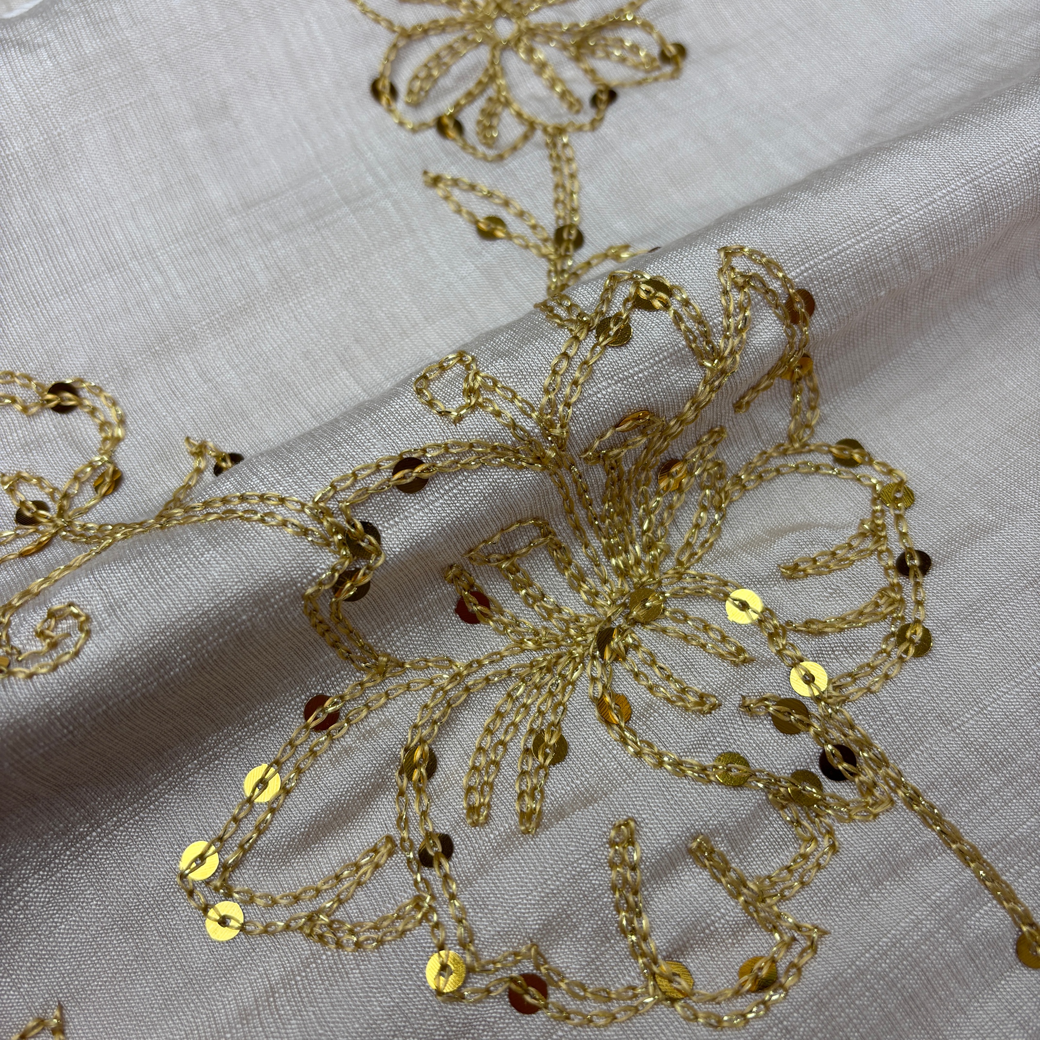 Low MOQ Hot Sale Design Slub Textured Rayon Nylon Woven Fabric with Chain Stitch and Sequins Embroidery for Women's Dress