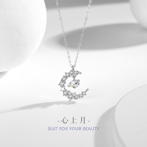 Kalung Perak Sterling S925 Bintang dan Bulan Baru, Kalung Liontin Batu Kaca Planet Trendi Bergaya Mewah. - Product Image 2