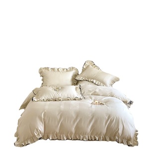 French-style 100-count Long-staple Cotton <b>Bedding</b> <b>Set</b> Solid Color Ruffled Duvet Cover Sheet Pillowcase Home Use Four Seasons - Product Image 5