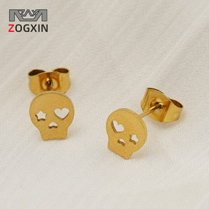 ZOGXIN Skull <b>Stud</b> Earrings Gold Plated Stainless Steel Hip Hop Fashion Jewelry <b>For</b> Women <b>Men</b> Unisex Ear <b>Studs</b> - Product Image 1