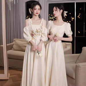Chinese Style Bridesmaid Dresses Champagne Color A-Line Vintage Embroidered Long Dress For Wedding Party Graduation - Product Image 4