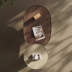 북유럽 미니멀리스트 거실 티 테이블 높고 낮은 조합 중첩 나무 훈제 색상 타원형 원형 커피 테이블 - Product Image 2