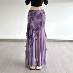 Romantic Purple <b>Floral</b> Print Mesh Maxi <b>Skirt</b> Women Irregular Ruffle Hem Sheer Patchwork Vintage <b>Long</b> <b>Skirt</b> Elegant Style - Product Image 1