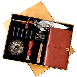 Kantoor Geschenken Veer Dip Pen Set En Lederen Vintage Notebook Geschenkdoos Met 5 Nib Metalen Vulpen Set