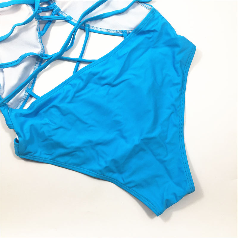 Solid color sky blue swimwear backless swimsuit multi-binding belt sexy one-piece swimwear
