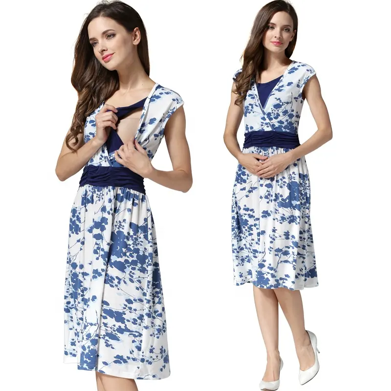 Summer Maternity Dress Floral Breastfeeding Clothing Soft Viscose Stretch fabric Fashion Style Adjustable Waist Lactation Dress