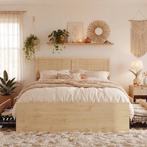 Cadre <span class=keywords><strong>de</strong></span> <span class=keywords><strong>lit</strong></span> King Size en <span class=keywords><strong>rotin</strong></span> couleur naturelle style ferme, avec tête <span class=keywords><strong>de</strong></span> <span class=keywords><strong>lit</strong></span> en <span class=keywords><strong>rotin</strong></span> et panneau en bois, 4 tiroirs <span class=keywords><strong>de</strong></span> rangement, MOQ 100 - Product Image 2