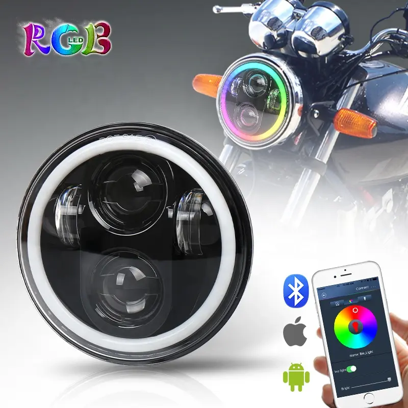 OVOVS Motorcycle Lighting System 5.75 inch LED Headlight With RGB Halo DRL Wireless Control 5.75" RGB LED Light for Harley