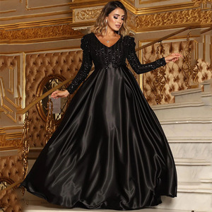 Nuova moda donna Sexy con scollo a V in raso Maxi abito a manica lunga lungo lungo pavimento con orlo grande per festa di nozze - Product Image 3