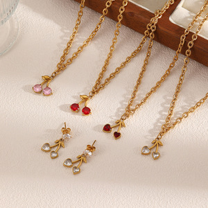 Collier en acier inoxydable avec pendentif cerise Li Quan, bijoux tendance pour femmes, chaîne de clavicule en zircon, ensemble de bijoux - Product Image 2