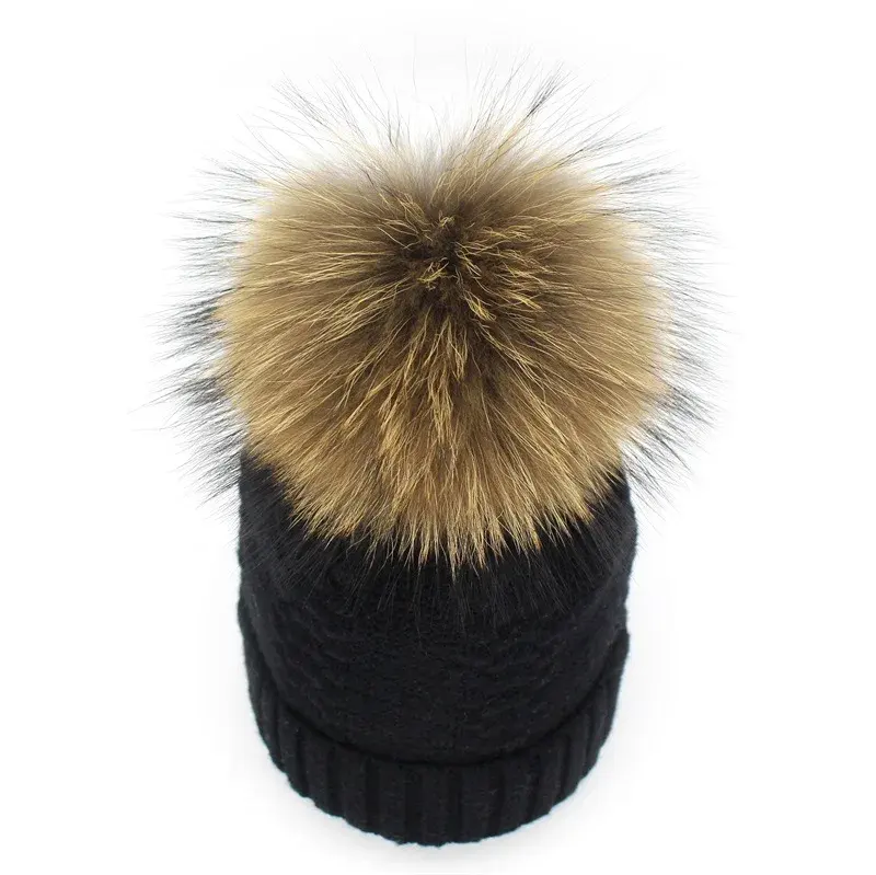 2023 Lớn Fluffy Bất Raccoon Fox Poms Poms Bóng Mũ Phụ Nữ Phụ Nữ Thời Trang Lông Bóng Pompoms Đan Beanie Hat