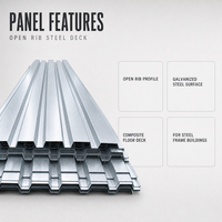 Tôle de plancher en acier de type ouvert YX51-250-750, 0,8 mm-1,2 mm, galvanisée, pour dalle composite