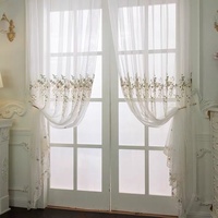 Rideaux en polyester translucide brodés de fleurs de style américain, motif fleurs marines, blanc semi-occultant, fixation murale plate
