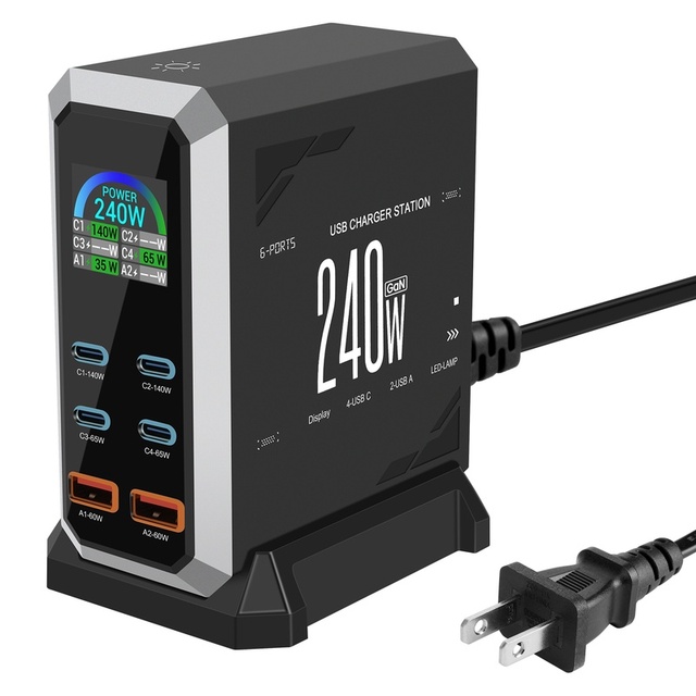 240W GaN Desktop Charging Station 6 in 1 Multiport USB C Fast Charger with LCD Display for Mobile Phone for Laptop for Tablet
