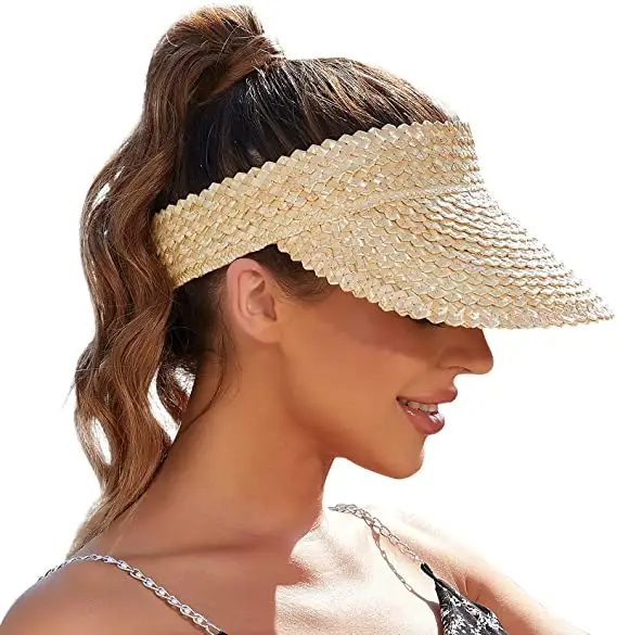 Women Handmade Raffia Straw Hat Sun Visor Hat Sunscreen Lady Holiday Beach UV Protection Topless Stab Caps