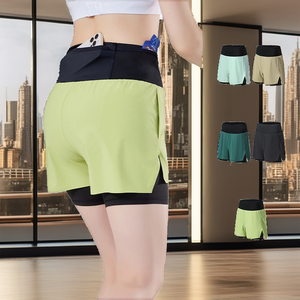 Shorts de yoga skinny taille haute pour femme avec taille élastique en toile, décontractés, pour la course et le sport, avec doublure et poche arrière - Product Image 2