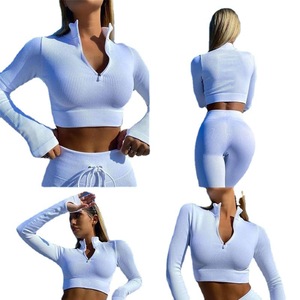 Women's Casual Suit High Waisted Leggings Zip Up Crop Top <b>Set</b> Solid Color Short Sleeve <b>Knitted</b> Polyester Fiber Yiwu Origin - Product Image 5