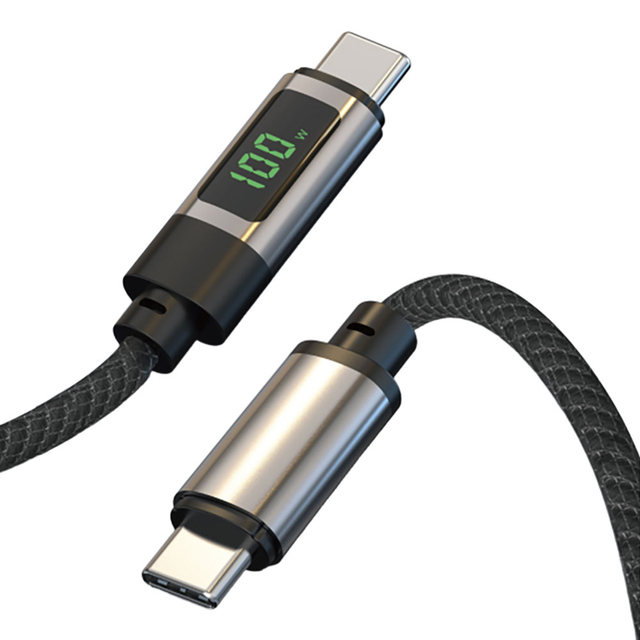 100W USB C to C Cable LED Power Display 5A PD Fast Charge Zinc Alloy Nylon Braided 480Mbps for MacBook Laptop Tablet
