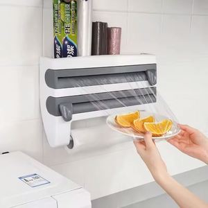 4 in 1 <b>Paper</b> Hanger Cling Film Storage Rack Film Roll Holder Cutter Wall Mounted Plastic <b>Kitchen</b> Towel Foil Dispenser Cling - Product Image 1