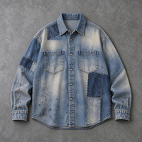 Chemise en jean vintage Dirty Spray, effet délavé, patchwork, manches longues, streetwear personnalisé pour homme