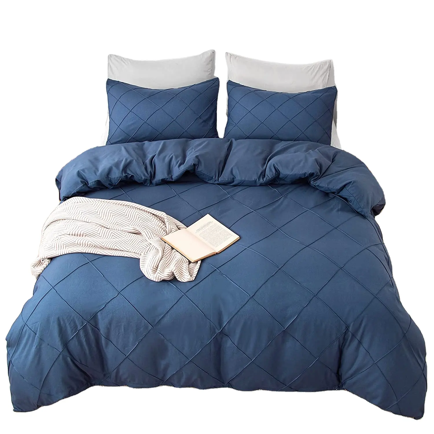 2022 New Arrival Pleat Design Bedding Duvet Cover Set with 2 Pillowcases in Navy Blue Color
