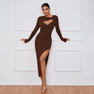 2026 Robe sexy pour femme, à nœud ajouré sur le devant, manches longues, amincissante, style transfrontalier, taille haute, jupe crayon, robe croisée élégante - Product Image 6