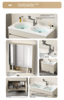 Meuble-lavabo double vasque crème avec miroir, anti-buée, éclairage intelligent et grand rangement, ensemble vasque en céramique