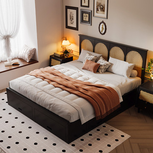 Lit de rangement en bois massif style rétro américain 1,8 m double avec cadre en noyer et rotin pour chambre principale - Product Image 3